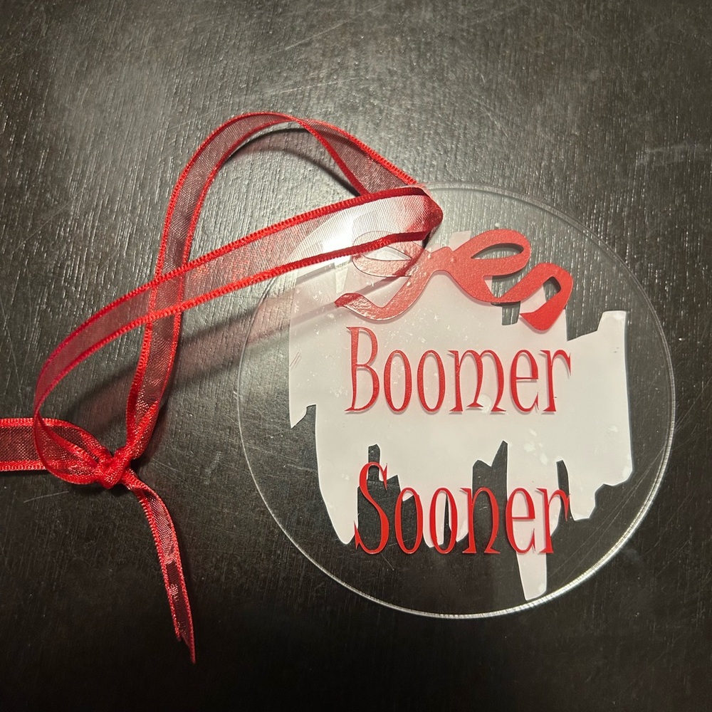 OU Boomer Sooner Car Charm/ Ornament with Red Ribbon